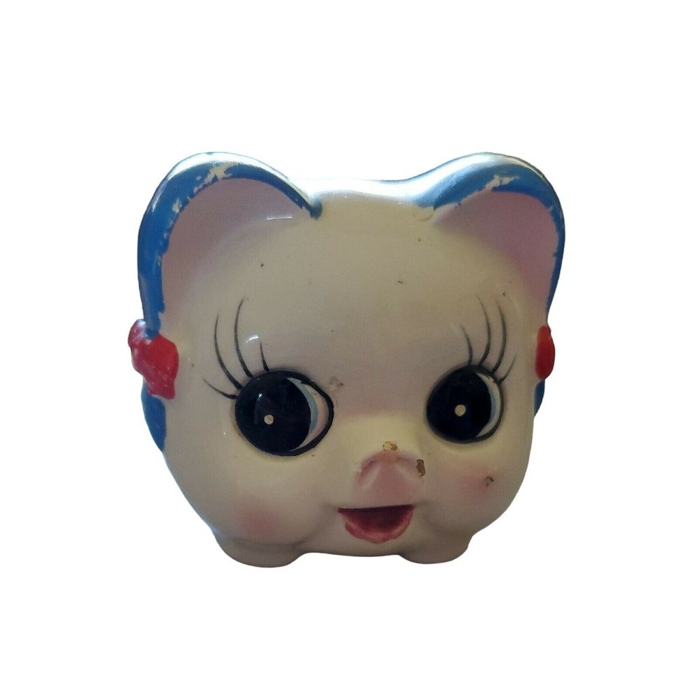 Piggy Bank Vintage Big Eyes Cute Ceramic Pig Flowers Hair Bows